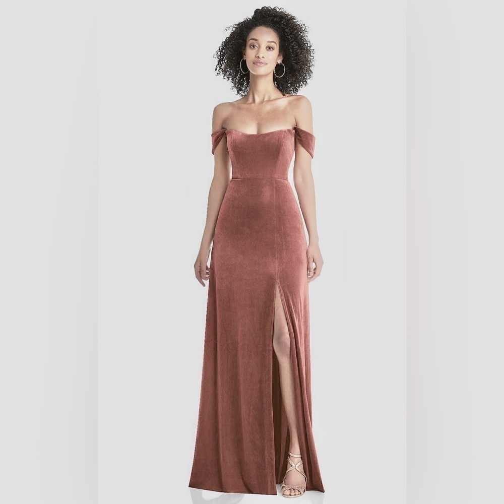 NWT Dessy Collection Tawny Rose Off-the-Shoulder Velvet Dress with Pockets, 10R